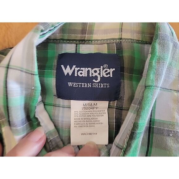 Wrangler Western Shirt mens long sleeve size‎ Medium green plaid pearl snap - Picture 5 of 9